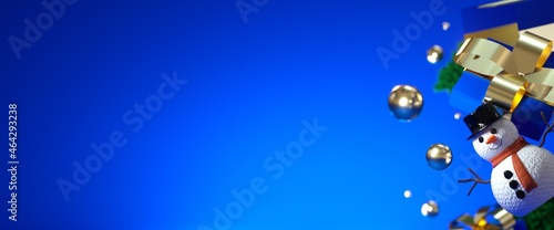 3d render,  blue background with Christmas ornaments and gifts. Abstract winter holiday horizontal banner