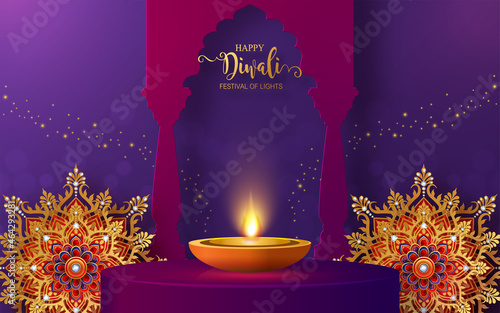 Diwali, Deepavali or Dipavali the festival of lights india with gold diya patterned and crystals on paper color Background.
