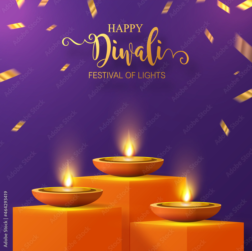 Diwali, Deepavali or Dipavali the festival of lights india with gold diya patterned and crystals on paper color Background.
