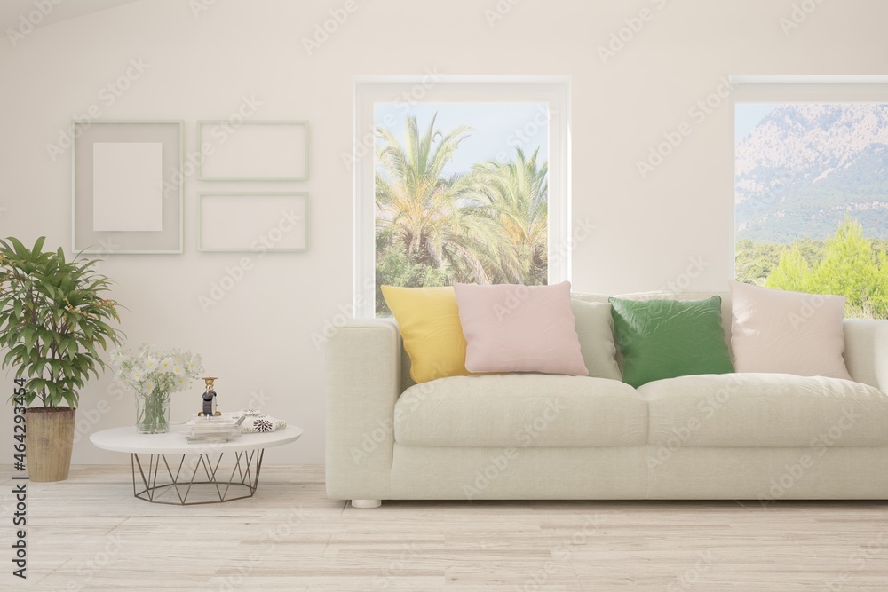 White living room with sofa and summer landscape in window. Scandinavian interior design. 3D illustration White living room with sofa and summer landscape in window. Scandinavian interior design. 3D illustration