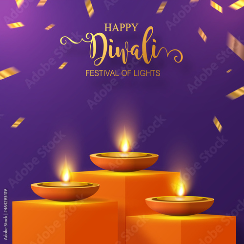 Diwali, Deepavali or Dipavali the festival of lights india with gold diya patterned and crystals on paper color Background.
