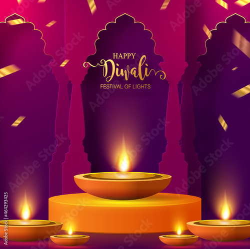 Diwali, Deepavali or Dipavali the festival of lights india with gold diya patterned and crystals on paper color Background.

