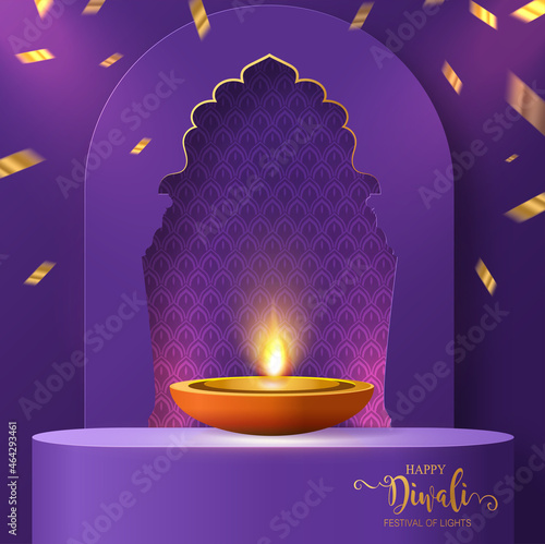 Diwali, Deepavali or Dipavali the festival of lights india with gold diya patterned and crystals on paper color Background.
