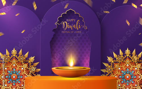 Diwali, Deepavali or Dipavali the festival of lights india with gold diya patterned and crystals on paper color Background.
