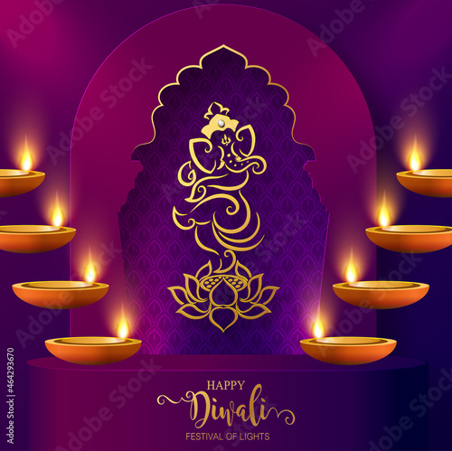 Diwali, Deepavali or Dipavali the festival of lights india with gold diya patterned and crystals on paper color Background.
