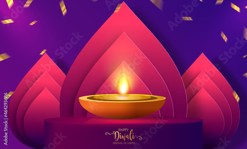 Diwali, Deepavali or Dipavali the festival of lights india with gold diya patterned and crystals on paper color Background.
