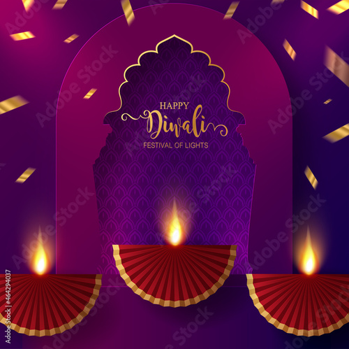 Diwali, Deepavali or Dipavali the festival of lights india with gold diya patterned and crystals on paper color Background.

