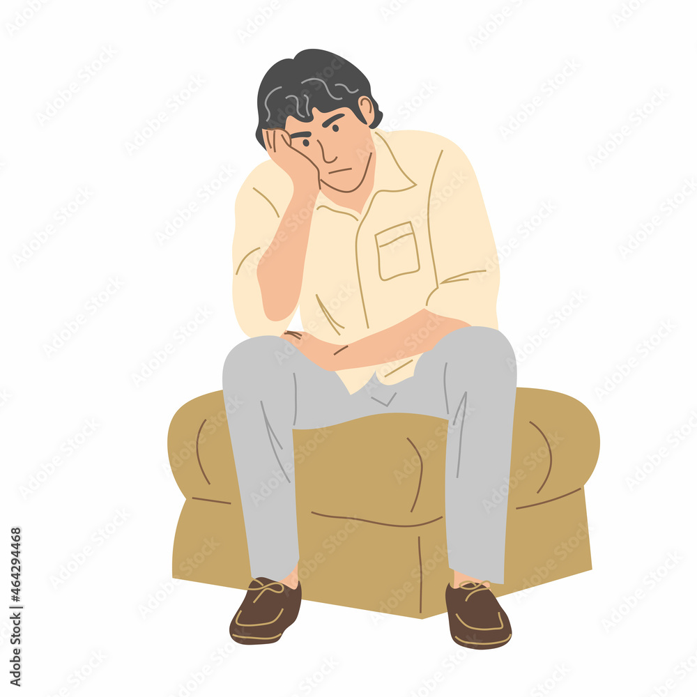 A man is sitting on a pouf and he is tired of waiting. Flat vector illustration.