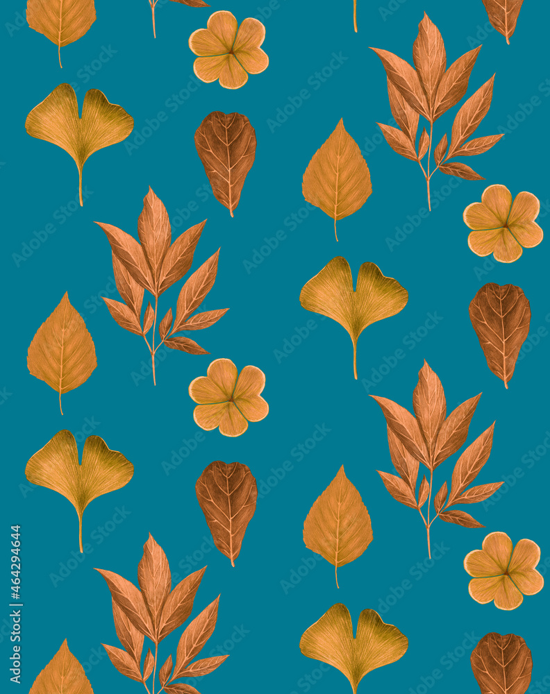 Fototapeta premium Seamless pattern with leaves. Forest background. Hand-drawn illustration, colored