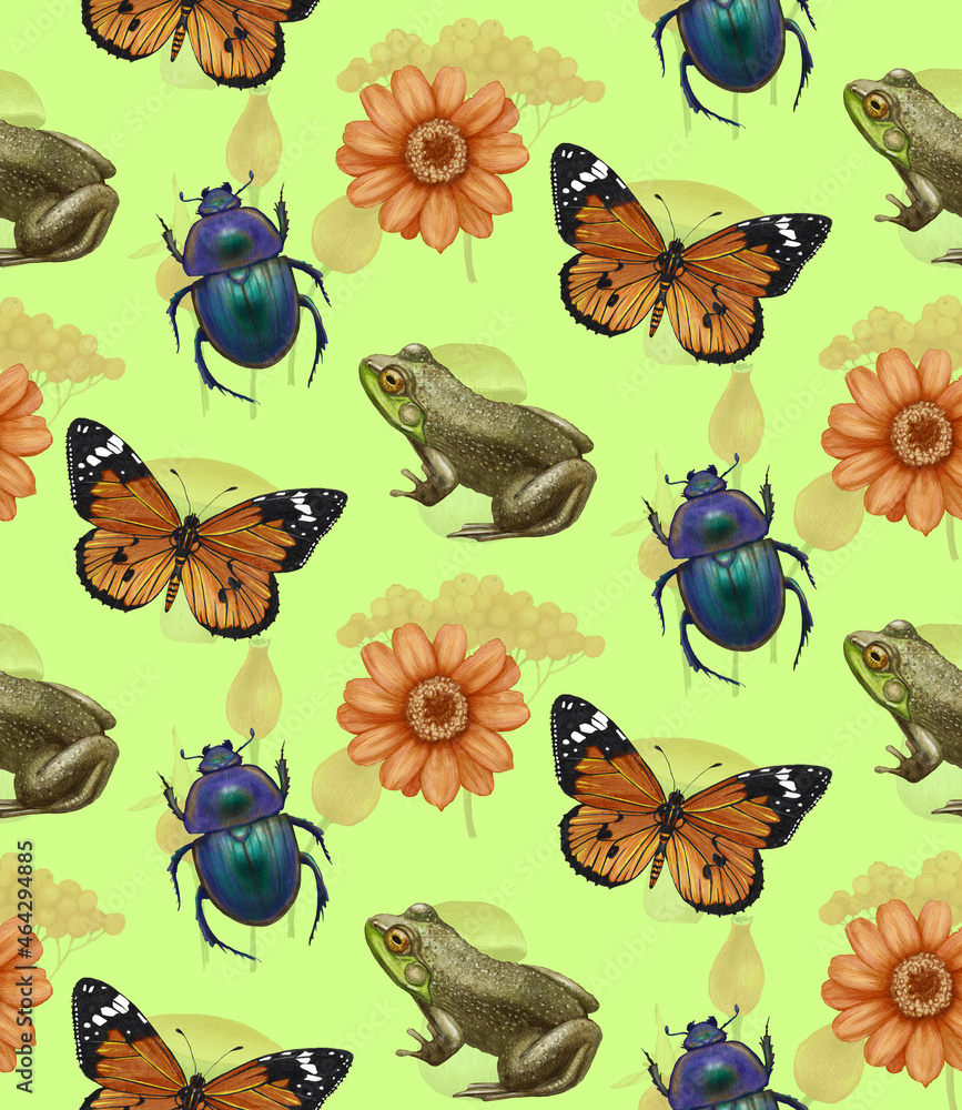 Seamless pattern with beetles, flowers, frogs and butterflies. Forest background. Hand-drawn illustration, colored