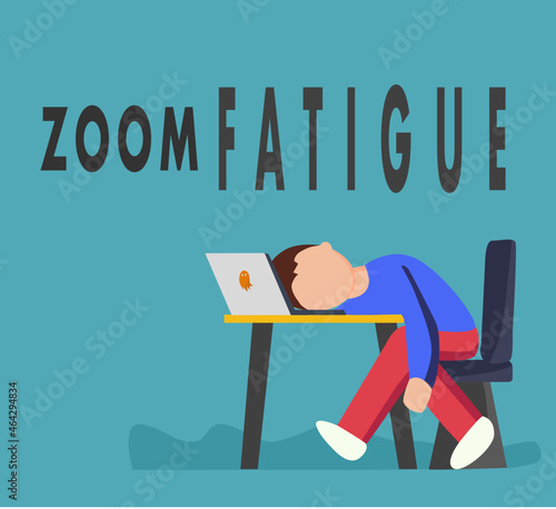 A man video conferencing. Fatigue man sleeping on his work desk.
Remote team meeting video online. (Zoom fatigue)  Flat vector illustration.