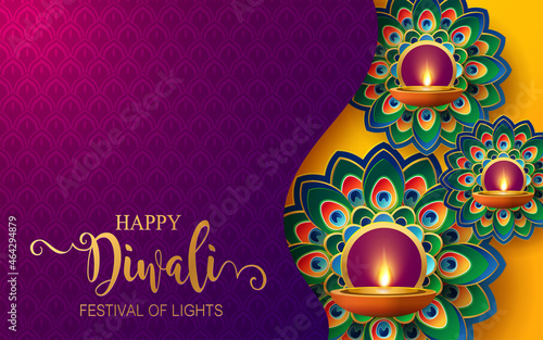 Diwali, Deepavali or Dipavali the festival of lights india with gold diya patterned and crystals on paper color Background.
