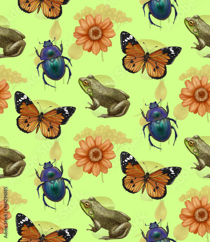 Seamless pattern with beetles, flowers, frogs and butterflies. Forest background. Hand-drawn illustration, colored © Victoria Novak