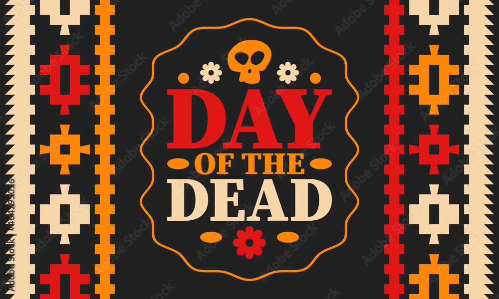Day of the Dead in November. A holiday dedicated to the memory of the dead. Celebrate annual in Mexico and other Latin American countries. Mexican and Hispanic tradition pattern and texture with skull Day of the Dead in November. A holiday dedicated to the memory of the dead. Celebrate annual in Mexico and other Latin American countries. Mexican and Hispanic tradition pattern and texture with skull