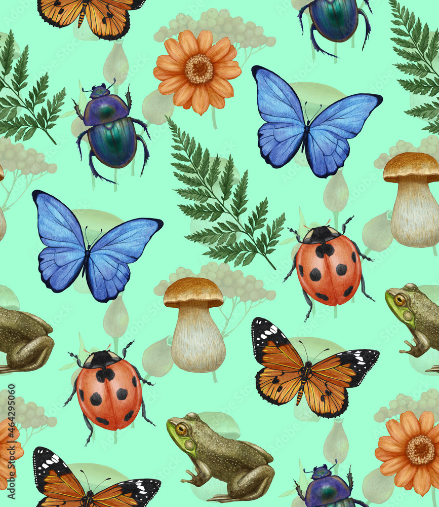 Seamless pattern with leaves, ladybug, mushrooms and butterflies. Forest background. Hand-drawn illustration, colored Seamless pattern with leaves, ladybug, mushrooms and butterflies. Forest background. Hand-drawn illustration, colored