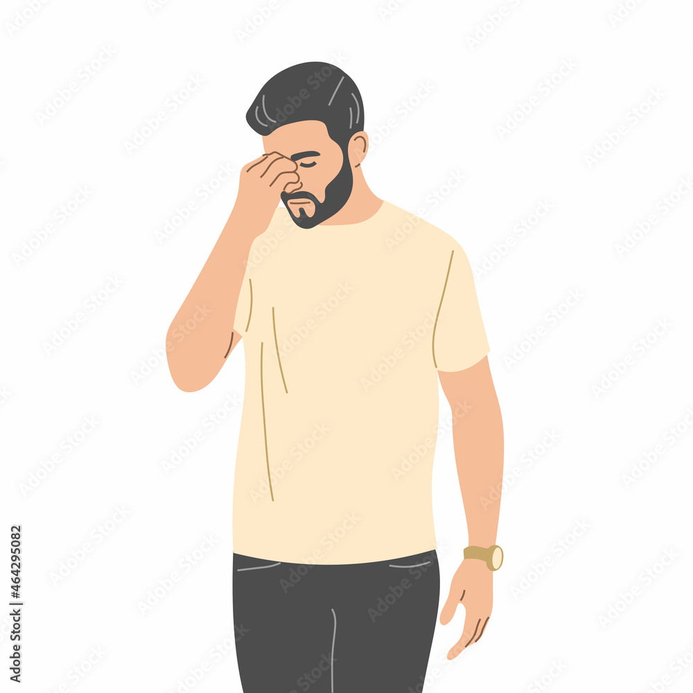 © chiaro85 - The man holds his hand on the bridge of his nose. Trying to remember important things. Flat vector illustration. © chiaro85 - The man holds his hand on the bridge of his nose. Trying to remember important things. Flat vector illustration.