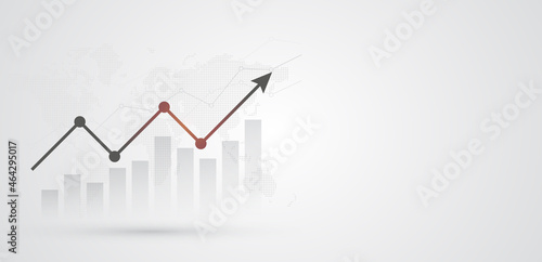 Financial chart with moving up arrow graph and world map on black and white color background