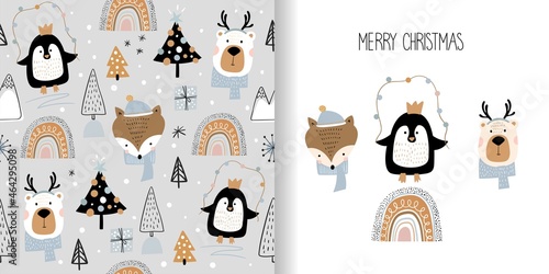 Christmas winter set with seamless pattern and greeting card, kids background, wallpaper, gift paper, holidays surface design