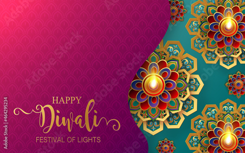 Diwali, Deepavali or Dipavali the festival of lights india with gold diya patterned and crystals on paper color Background.
