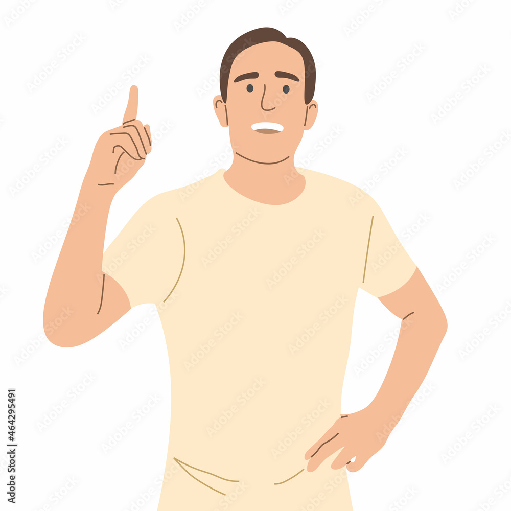 A smart man says an interesting fact and points his finger up. Teacher or trainer. Flat vector illustration. A smart man says an interesting fact and points his finger up. Teacher or trainer. Flat vector illustration.