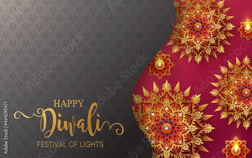 Diwali, Deepavali or Dipavali the festival of lights india with gold diya patterned and crystals on paper color Background.
