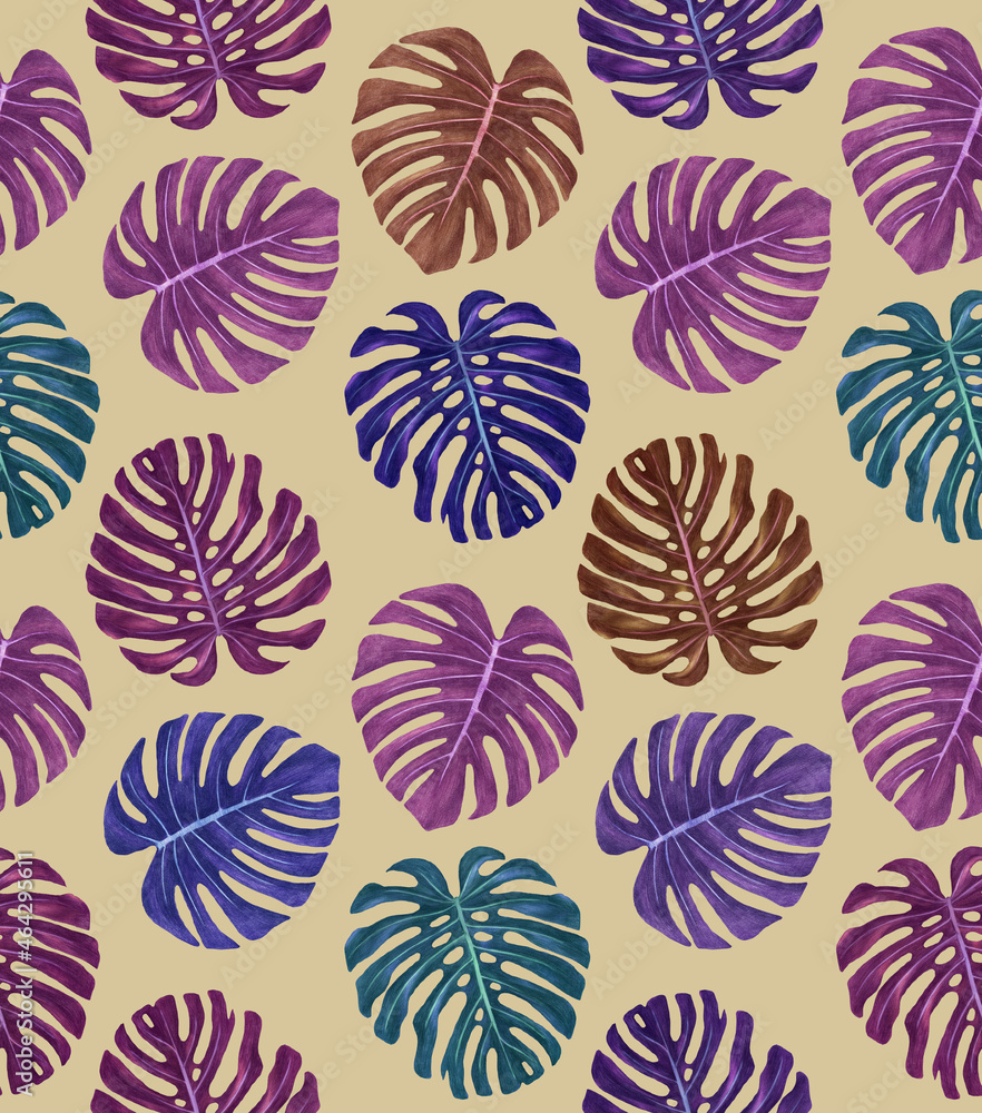 Seamless Pattern with hand-drawn palm leaves, digitally colored Seamless Pattern with hand-drawn palm leaves, digitally colored