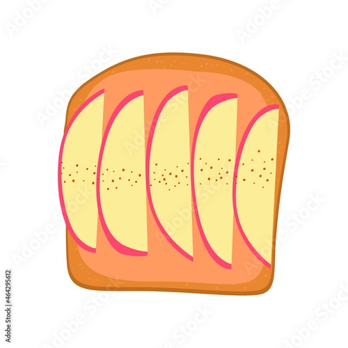 Flat vector illustration of a wholegrain bread sandwich with peanut paste, apple and cinnamon. Delicious and healthy breakfast or snack. Isolated design on a white background.