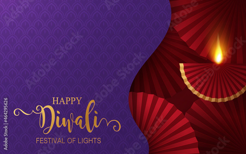 Diwali, Deepavali or Dipavali the festival of lights india with gold diya patterned and crystals on paper color Background.

