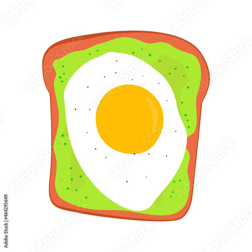 Flat vector cartoon illustration of a bread sandwich with scrambled eggs, avocado and chopped herbs. A delicious, hearty and healthy breakfast or snack. Isolated design on a white background.