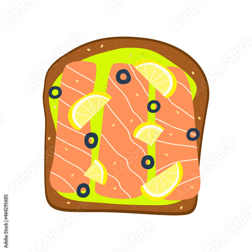 Flat vector cartoon illustration of a bread sandwich with red fish, avocado, lemon and olive slices. A delicious, hearty and healthy breakfast or snack. Isolated design on a white background. photo