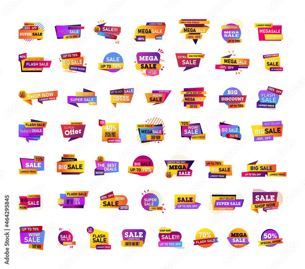 Big collection of sale banners. Colorful stickers and badges for shops and markets. Labels with discounts for goods and services. Big collection of sale banners. Colorful stickers and badges for shops and markets. Labels with discounts for goods and services.