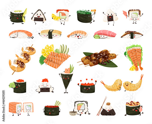 Fototapeta Naklejka Na Ścianę i Meble -  Collection of Asian snack characters. Illustrations of Asian food in a detailed style.