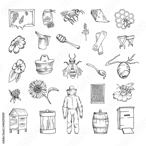 Collection of monochrome illustrations of beekeeping in sketch style. Hand drawings in art ink style. Black and white graphics.