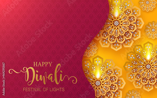 Diwali, Deepavali or Dipavali the festival of lights india with gold diya patterned and crystals on paper color Background.
