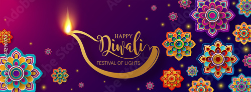 Diwali, Deepavali or Dipavali the festival of lights india with gold diya patterned and crystals on paper color Background.
