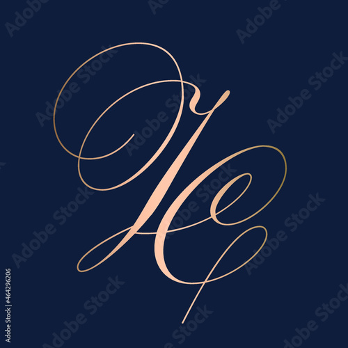 JC monogram logo.Calligraphic signature icon.Letter j and letter c.Lettering sign isolated on dark fund.Wedding, fashion, beauty alphabet initials.Elegant, luxury handwritten style.