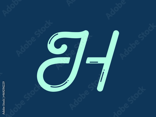JH monogram logo.Calligraphic signature icon.Letter j and letter h.Lettering sign isolated on dark fund.Alphabet initials.Elegant handwritten style. Neon color.