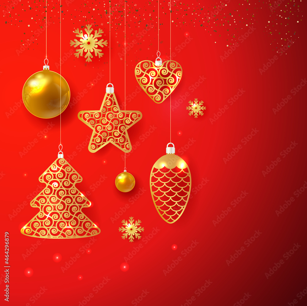 Holiday New Year and Merry Christmas Background. Gold christmas toys on on red background. Vector illustration.