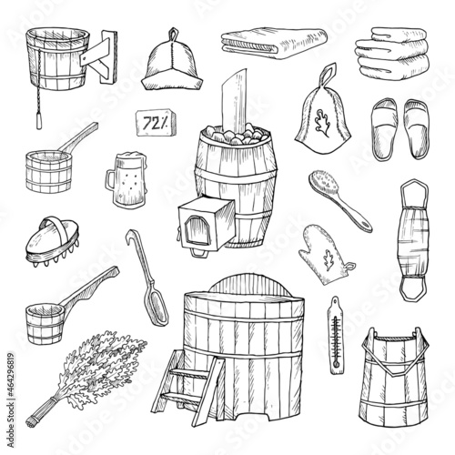 Collection of monochrome illustrations of bath accessories in sketch style. Hand drawings in art ink style. Black and white graphics.
