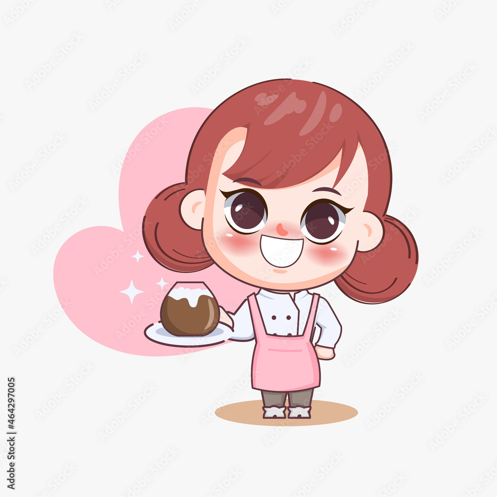 Happy cute girl barista serving cappuccino cartoon art illustration.