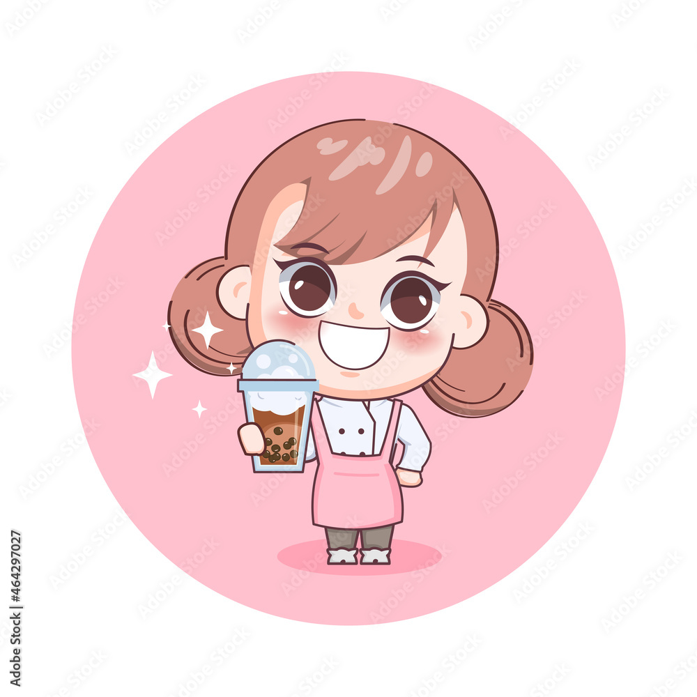 Happy cute girl barista serving bubble milk tea cartoon art illustration. Happy cute girl barista serving bubble milk tea cartoon art illustration.