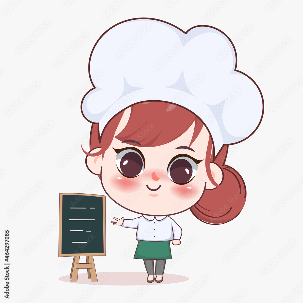 Happy cute girl chef presenting menu blackboard cartoon art illustration. Happy cute girl chef presenting menu blackboard cartoon art illustration.