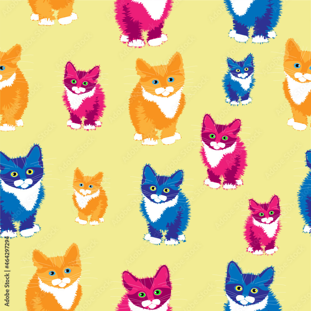 Three color kittens seamless pattern on soft pastel background