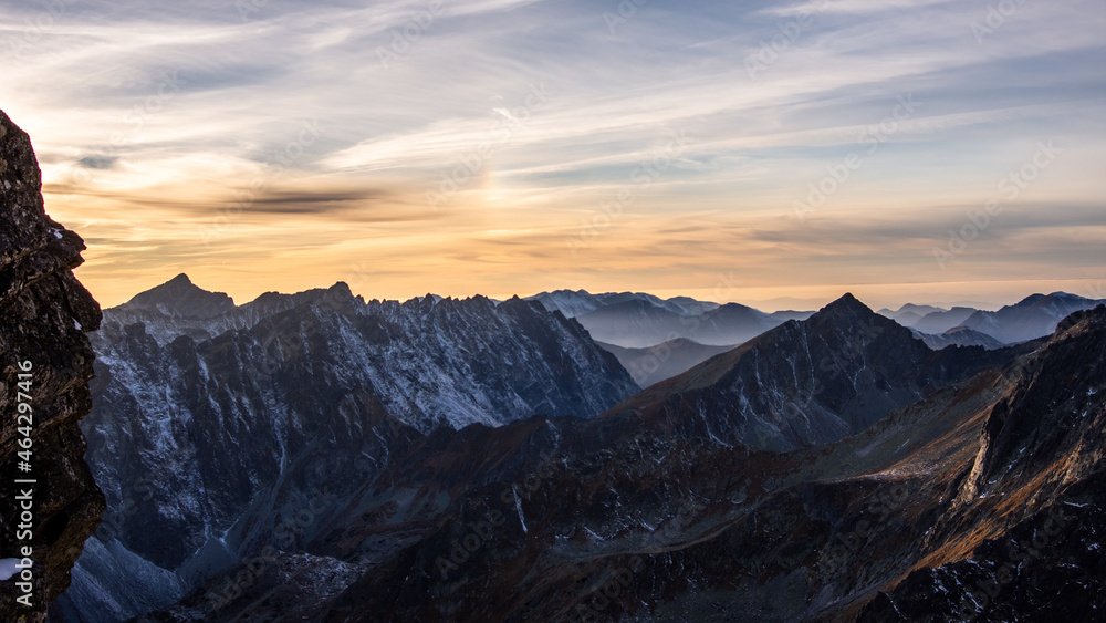 Sunset over iconic peaks of High Tatras mountains national park in Slovakia