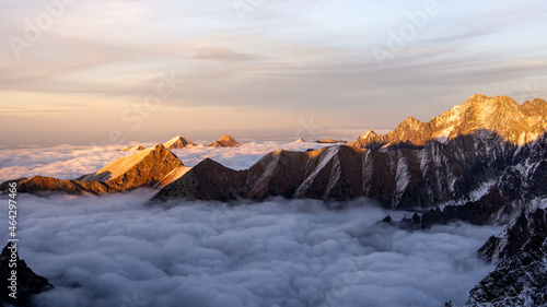 Sunset over foggy inversion in High Tatras mountains national park, Slovakia