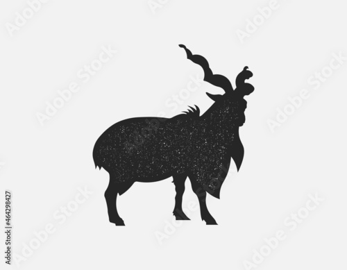 Vector Mountain Goat's silhouette with Texture for a logo, emblem, badge, label, template, design element. Bighorns. 
