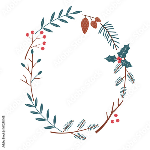 Ovall frame with winter plants with copy space. Vector element in aesthetic hand drawn style. Fir branches, berries and leaves on a white background. photo
