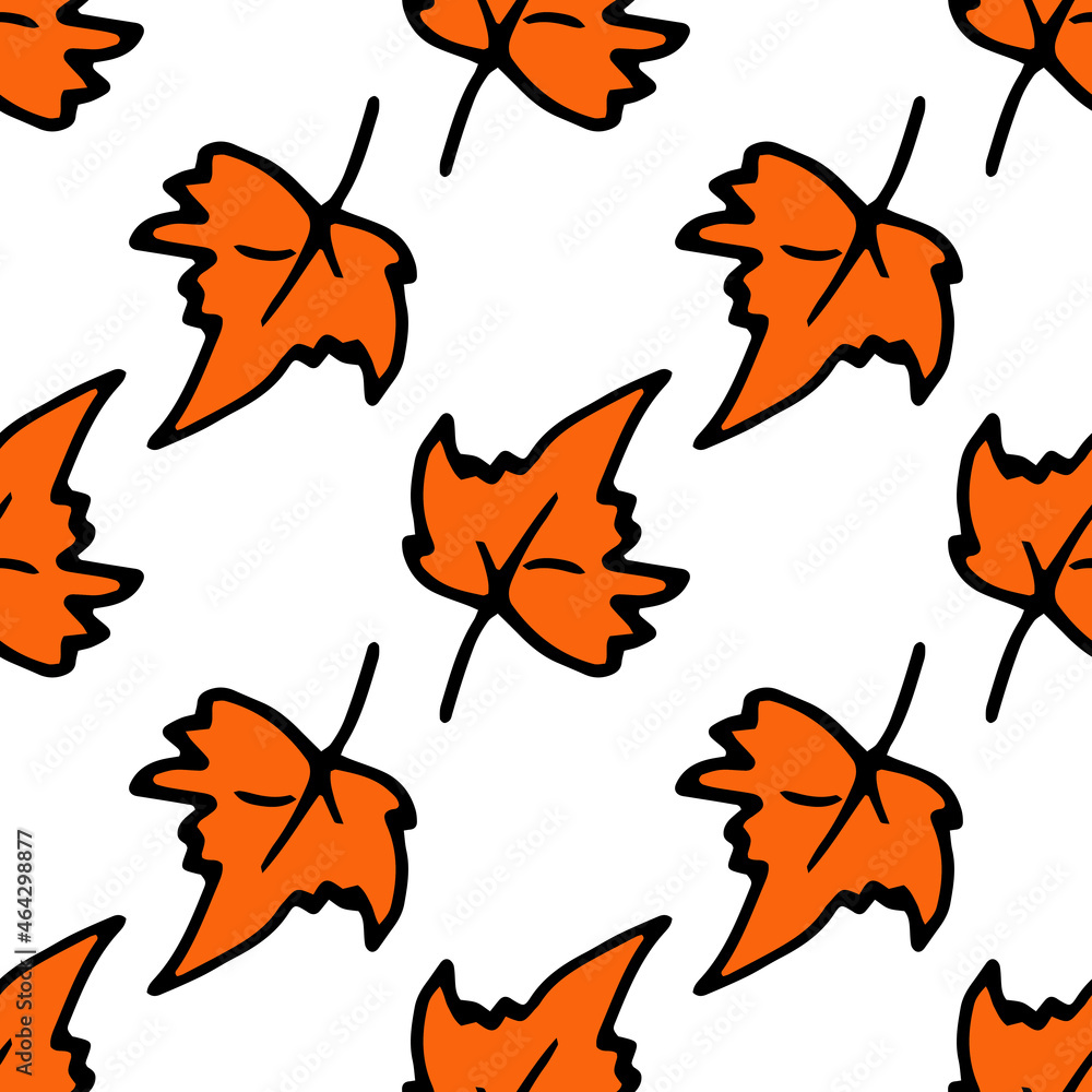 Pattern of maple leaves. Seamless pattern of maple leaf in orange colors, with a black outline randomly arranged on white. hand-drawn in the doodle style of autumn maple leaf