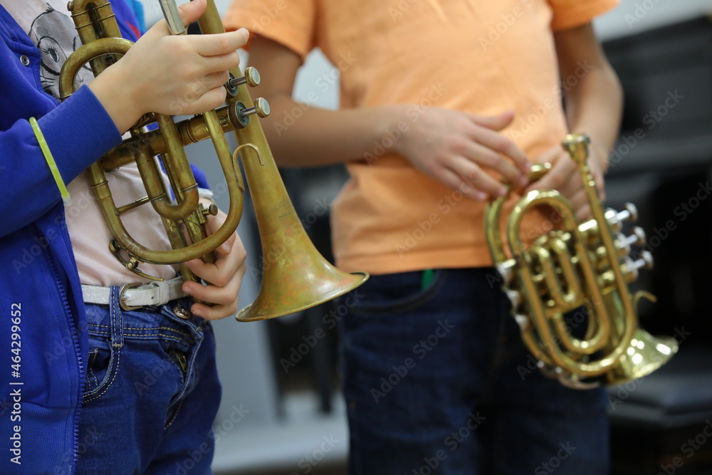 Fototapeta premium Kids young musicians standing with a musical instrument trumpet in hand frontal view close-up
