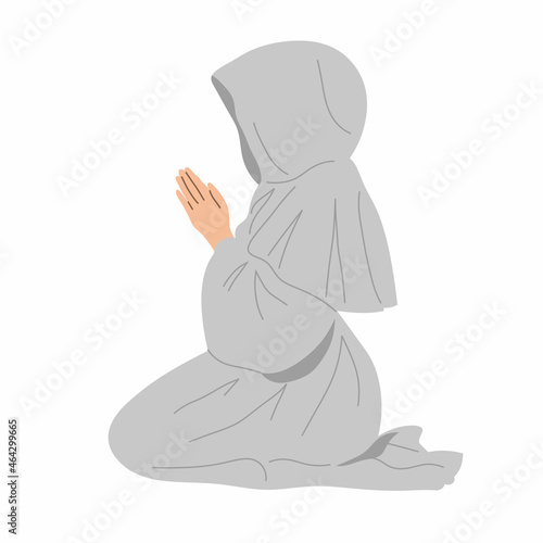 A woman dressed as a nun praying sitting on her knees, side view. Flat vector illustration.